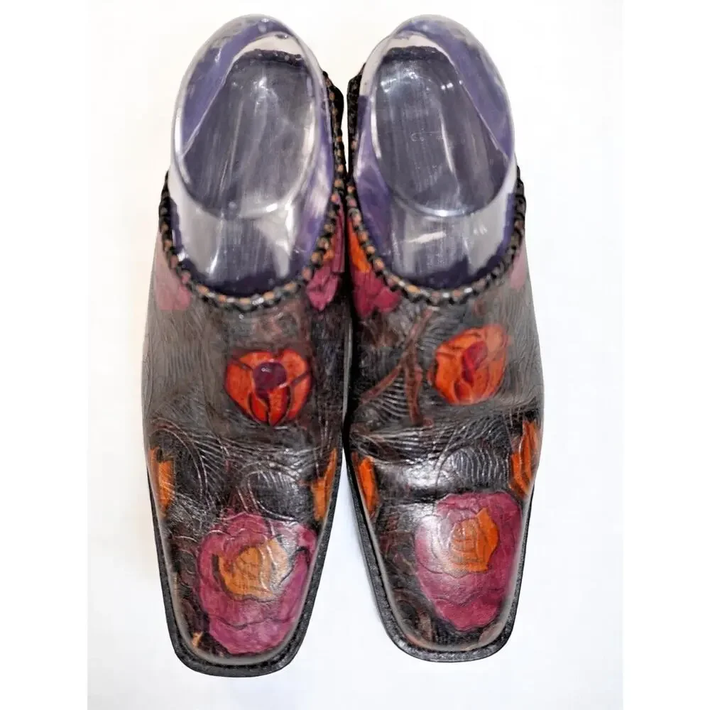 Vintage Floral Tooled Leather Mules Women 8 Handmade Brazil - Picture 4 of 10